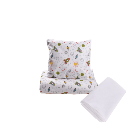 Pachet Set lenjerie 3 piese bumbac 100%, pătuț stivuibil model rachete + protecție impermeabilă [0]