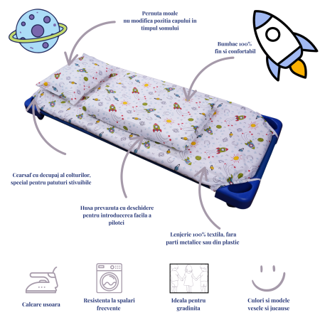 Pachet Set lenjerie 3 piese bumbac 100%, pătuț stivuibil model rachete + protecție impermeabilă [2]