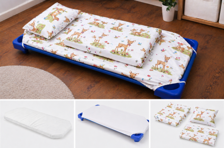 Lenjerie Pat Stivuibil Gradinita - Pachet Set lenjerie 5 piese model caprioare patut stivuibil + saltea patut stivuibil + protectie impermeabila