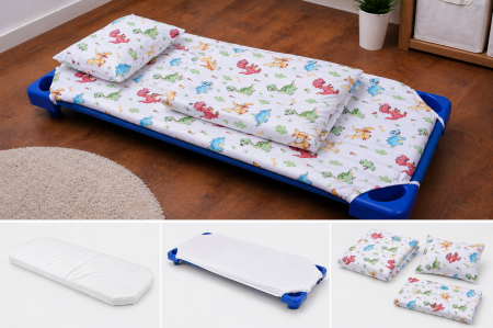 Lenjerie Pat Stivuibil Gradinita - Pachet Set lenjerie 5 piese model dinozauri patut stivuibil + saltea patut stivuibil + protectie impermeabila