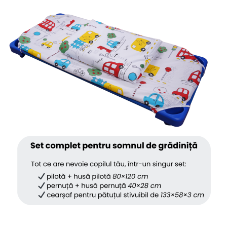Pachet Set lenjerie 5 piese model masinuțe patut stivuibil + saltea patut stivuibil + protectie impermeabila [5]