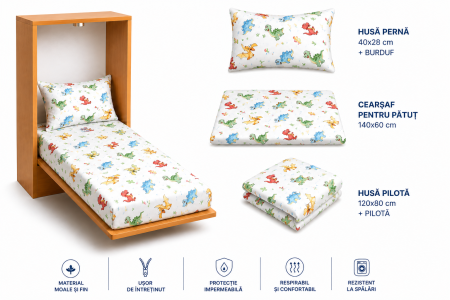 Pachet Set lenjerie 5 piese patut incastrabil dinozauri + protectie impermeabila [3]