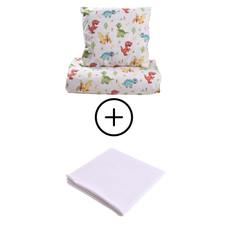 Lenjerie Pat Gradinita - Pachet Set lenjerie 5 piese patut incastrabil dinozauri + protectie impermeabila