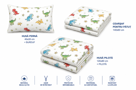 Pachet Set lenjerie 5 piese patut incastrabil dinozauri + protectie impermeabila [1]