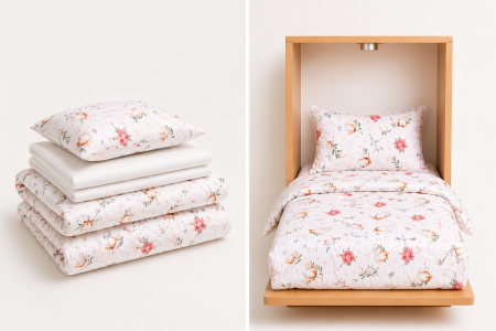 Pat Incastrabil - Pachet Set lenjerie 5 piese pătuț incastrabil flori de bumbac + protecție impermeabilă