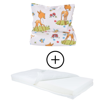 Pachet Set lenjerie 5 piese patut incastrabil model caprioare + saltea patut incastrabil