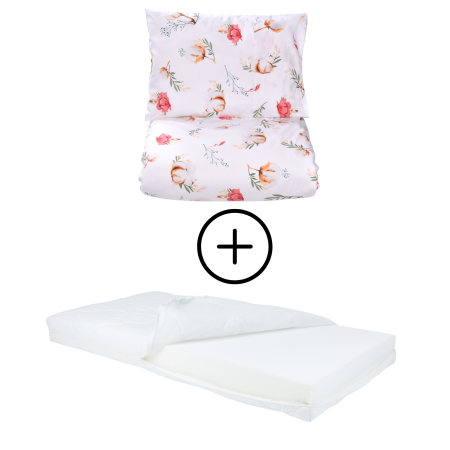 Pachet Set lenjerie 5 piese patut incastrabil model flori de bumbac + saltea patut incastrabil