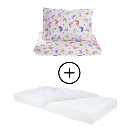 Set Lenjerie Pat Gradinita - Pachet Set lenjerie 5 piese patut incastrabil model fluturasi + saltea patut incastrabil