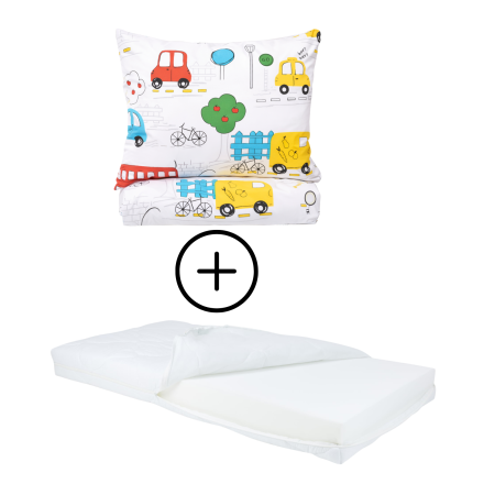 Pachet Set lenjerie 5 piese patut incastrabil model masinute + saltea patut incastrabil