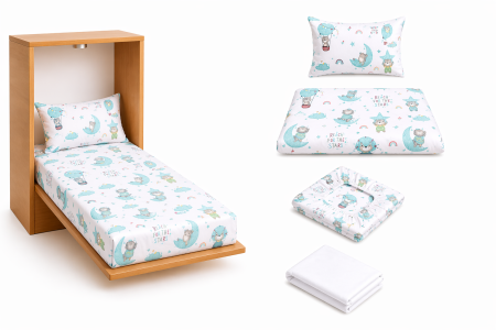 Pat Incastrabil - Pachet Set lenjerie 5 piese pătuț incastrabil ursuleți + protecție impermeabilă