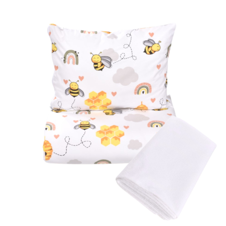 Pat Copii Gradinita - Pachet Set lenjerie 5 piese patut stivuibil model albinute + protectie impermeabila - Paturica fermecata