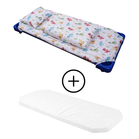 Lenjerie Pat Stivuibil Gradinita - Pachet Set lenjerie 5 piese patut stivuibil model dinozauri + saltea patut stivuibil - Paturica fermecata
