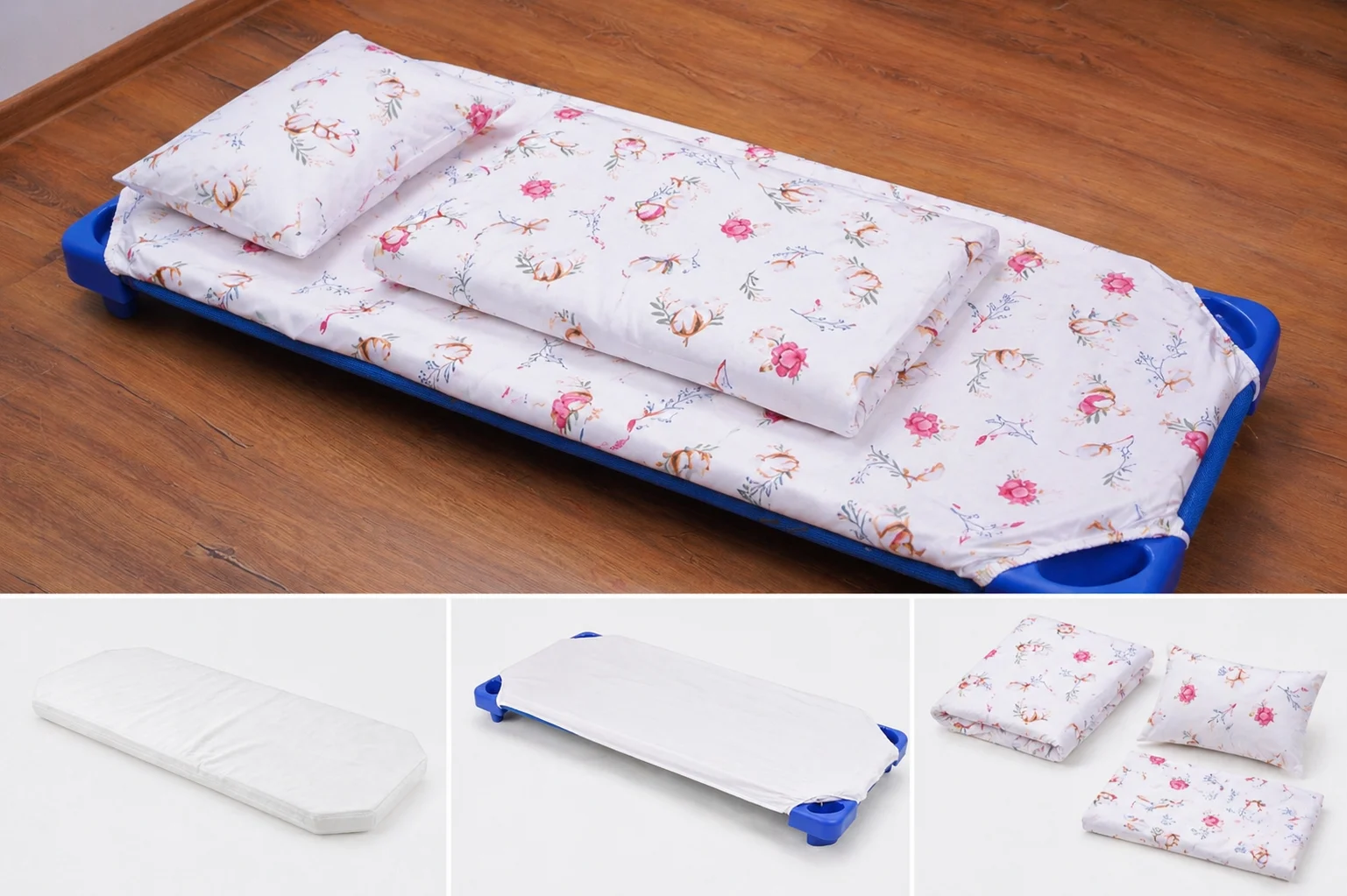 Pachet Set lenjerie 5 piese  patut stivuibil model flori de bumbac + saltea patut stivuibil - Paturica fermecata [1]