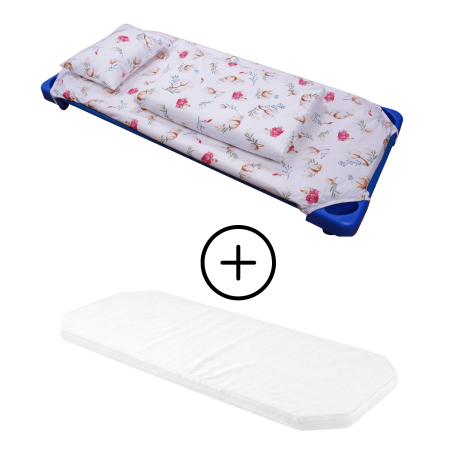 Lenjerie Pat Stivuibil Gradinita - Pachet Set lenjerie 5 piese  patut stivuibil model flori de bumbac + saltea patut stivuibil - Paturica fermecata
