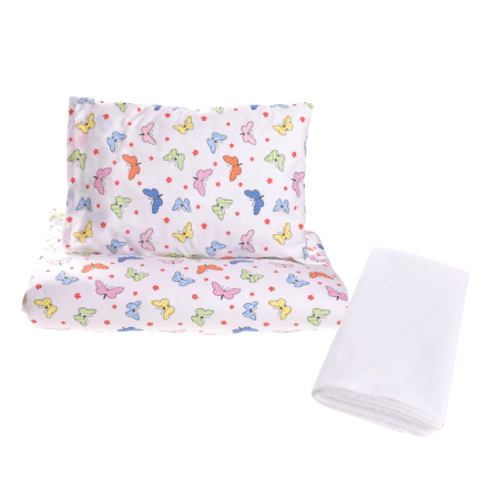 Pat Copii Gradinita - Pachet Set lenjerie 5 piese patut stivuibil model fluturasi + protectie impermeabila - Paturica fermecata