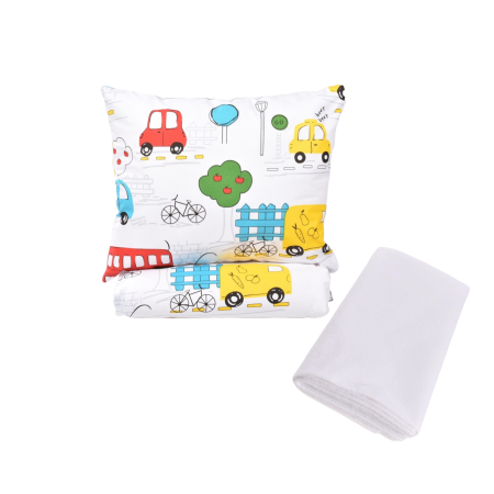 Lenjerie Pat Stivuibil Gradinita - Pachet Set lenjerie 5 piese patut stivuibil model masinute colorate + protectie impermeabila - Paturica fermecata