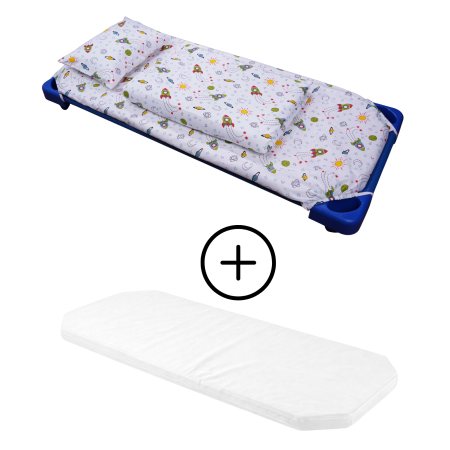 Lenjerie Pat Stivuibil Gradinita - Pachet Set lenjerie 5 piese  patut stivuibil model rachete + saltea patut stivuibil - Paturica fermecata