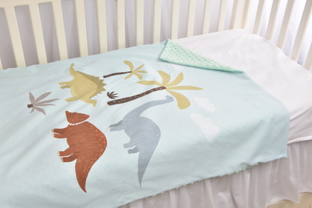Paturica Roz Bebe - Paturica bebelusi model Dinozauri si plus minky verde menta 75x100 cm