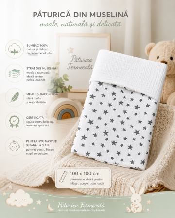 Paturica de vara cu muselina, bumbac 100%, bebeluși și copii, 0-3 ani, moale și răcoroasă, dimensiune 100x100 cm [3]