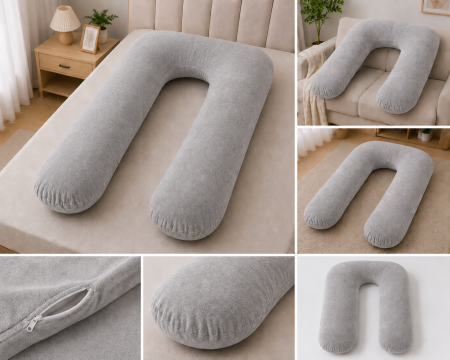 Pernă gravide 3 in 1, Multifuncțională, Alăptare, Forma de U, Husă detașabilă, 110 cm, Catifea, gri [1]