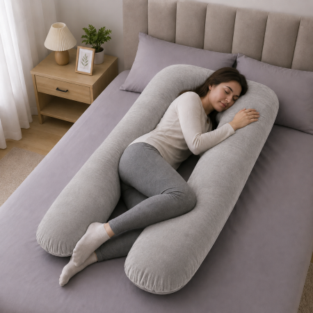 Produse pentru mamici - Pernă gravide 3 in 1, Multifuncțională, Alăptare, Forma de U, Husă detașabilă, 110 cm, Catifea, gri
