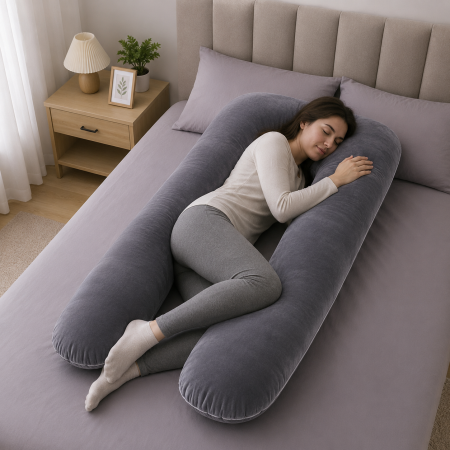 Produse pentru mamici - Pernă gravide 3 in 1, Multifuncțională, Alăptare, Forma de U, Husă detașabilă, 110 cm, Catifea, gri