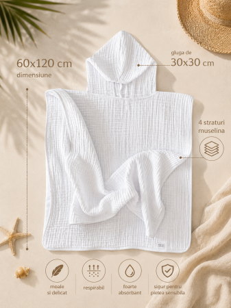 Prosop poncho de plajă vară, cu glugă, muselina bumbac 100% alb [1]