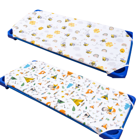 Saltea Copii - Set 2 cearșafuri 140x70 cm bumbac 100%, pentru pătuț stivuibil(133x58 cm)din creșe sau grădinițe-Model Albinuțe și Animăluțe