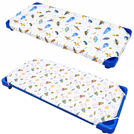 Saltea Bebelusi 120/60 - Set 2 cearșafuri 140x70 cm bumbac 100%, pentru pătuț stivuibil(133x58 cm)din creșe sau grădinițe- Model Comete și Planete
