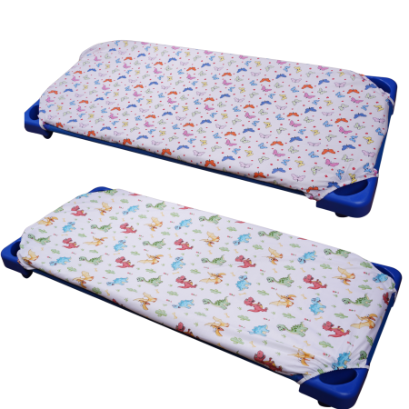 Saltea Bebelusi 120/60 - Set 2 cearșafuri 140x70 cm bumbac 100%, pentru pătuț stivuibil(133x58 cm)din creșe sau grădinițe-Model Fluturași și Dinozauri