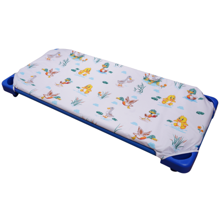 Set 2 cearșafuri 140x70 cm bumbac 100%, pentru pătuț stivuibil(133x58 cm)din creșe sau grădinițe-Model Rățuște și Curcubee-norișori [1]