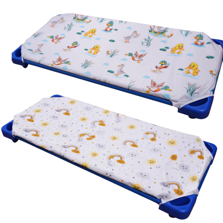 Saltea Bebelusi 120/60 - Set 2 cearșafuri 140x70 cm bumbac 100%, pentru pătuț stivuibil(133x58 cm)din creșe sau grădinițe-Model Rățuște și Curcubee-norișori