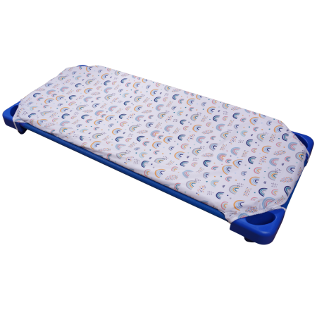 Set 2 cearșafuri 140x70 cm bumbac 100%, pentru pătuț stivuibil(133x58 cm)din creșe sau grădinițe-Model Steluțe bleu și Curcubee colorate [1]