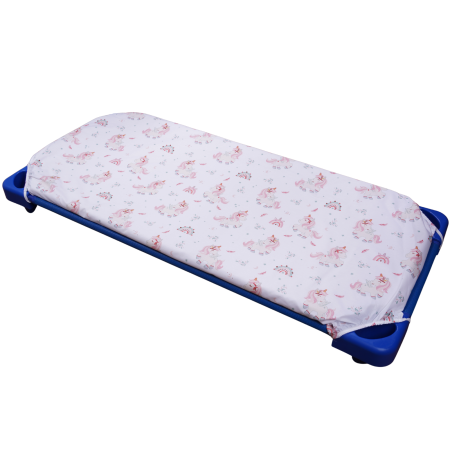 Set 2 cearșafuri 140x70 cm bumbac 100%, pentru pătuț stivuibil(133x58 cm)din creșe sau grădinițe-Model Unicorni si Flori de bumbac [1]
