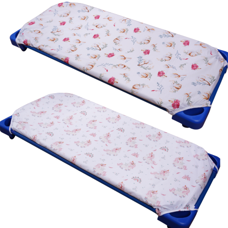 Saltea Bebelusi 120/60 - Set 2 cearșafuri 140x70 cm bumbac 100%, pentru pătuț stivuibil(133x58 cm)din creșe sau grădinițe-Model Unicorni si Flori de bumbac