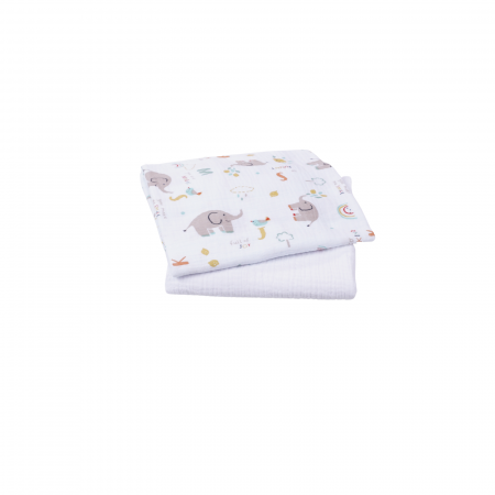 Paturica Roz Bebe - Set 2 museline din bumbac organic 100% alba si model elefantei 80x80 cm