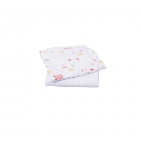 Paturici Muselina Bebelusi Certificata GOTS - Set 2 museline din bumbac organic 100% alba si model fructe 80x80 cm