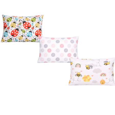 Lenjerii Pat Copii 1 Persoana - Set 3 huse pernuță 40x28 cm – Buburuze, Ghemotoace & Albinuțe