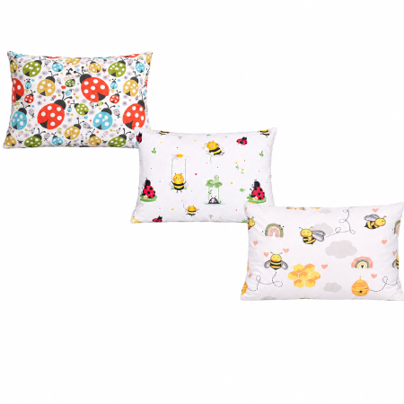 Set 3 huse pernuță 40x28 cm, bumbac 100%, grădiniță sau creșă, copii – Buburuze, Albinuțe si Buburuze-albinuțe