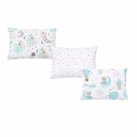 Set 3 huse pernuță 40x28 cm, bumbac 100%, grădiniță sau creșă, copii–Model Koala, Steluțe Bleu & Ursuleț în Balon