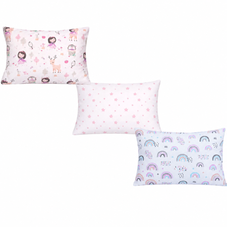 Set 3 huse pernuță 40x28 cm – Model Fetițe, Steluțe roz si Curcubee roz