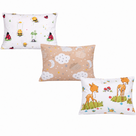 Set 3 huse pernuță 40x28 cm, bumbac 100%, grădiniță sau creșă, copii–Model Norișori maro, Căprioare și Albinuțe-buburuze