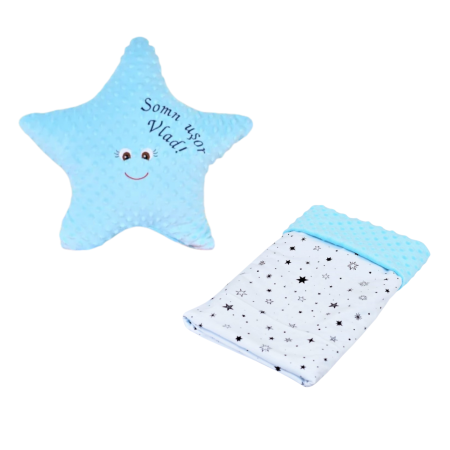 Set Cadou Nou Nascuti - SSet cadou bebelusi 2 piese, steluta personalizata cu nume si paturica moale bleu si stelute