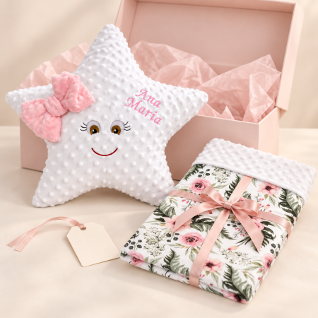 Set Cadou Nou Nascut Fata - Set cadou personalizat „Steluța cu flori” – pernuță steluță și păturică florală