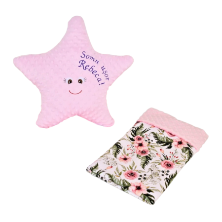 Set Cadou Nou Nascuti - Set cadou personalizat „Vis floral” – pernuță steluță și păturică