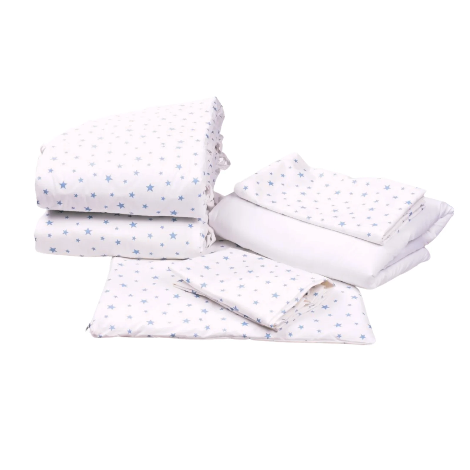 Lenjerie Landou / Lenjerie Cosulet Bebe - Set complet din 7 piese, lenjerie și apărători, model Stelute mici bleu, pătuț 120x60 cm