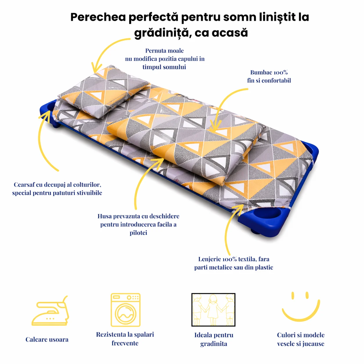 Set complet lenjerie 5 piese, pătuț stivuibil grădiniță, model triunghiuri [1]