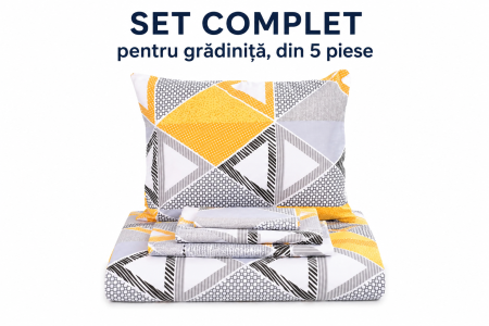 Set complet lenjerie 5 piese, pătuț stivuibil grădiniță, model triunghiuri [2]