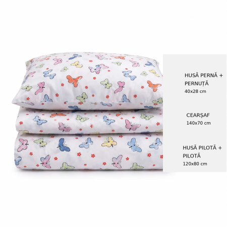 Set complet lenjerie 5 piese pentru patut incastrabil gradinita model fluturasi [2]