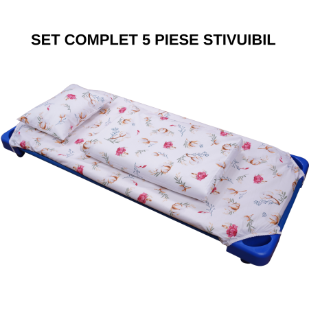 Set complet lenjerie 5 piese pentru patut stivuibil gradinita model flori de bumbac [1]